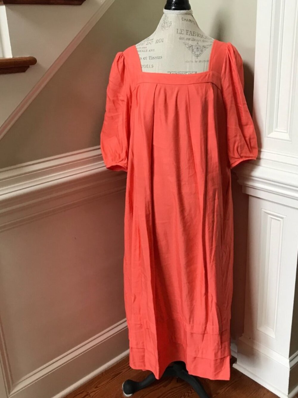 Hunter Bell Waverly Midi Dress Womens XL Orange Melon Square Neck Linen Boho - Picture 4 of 13